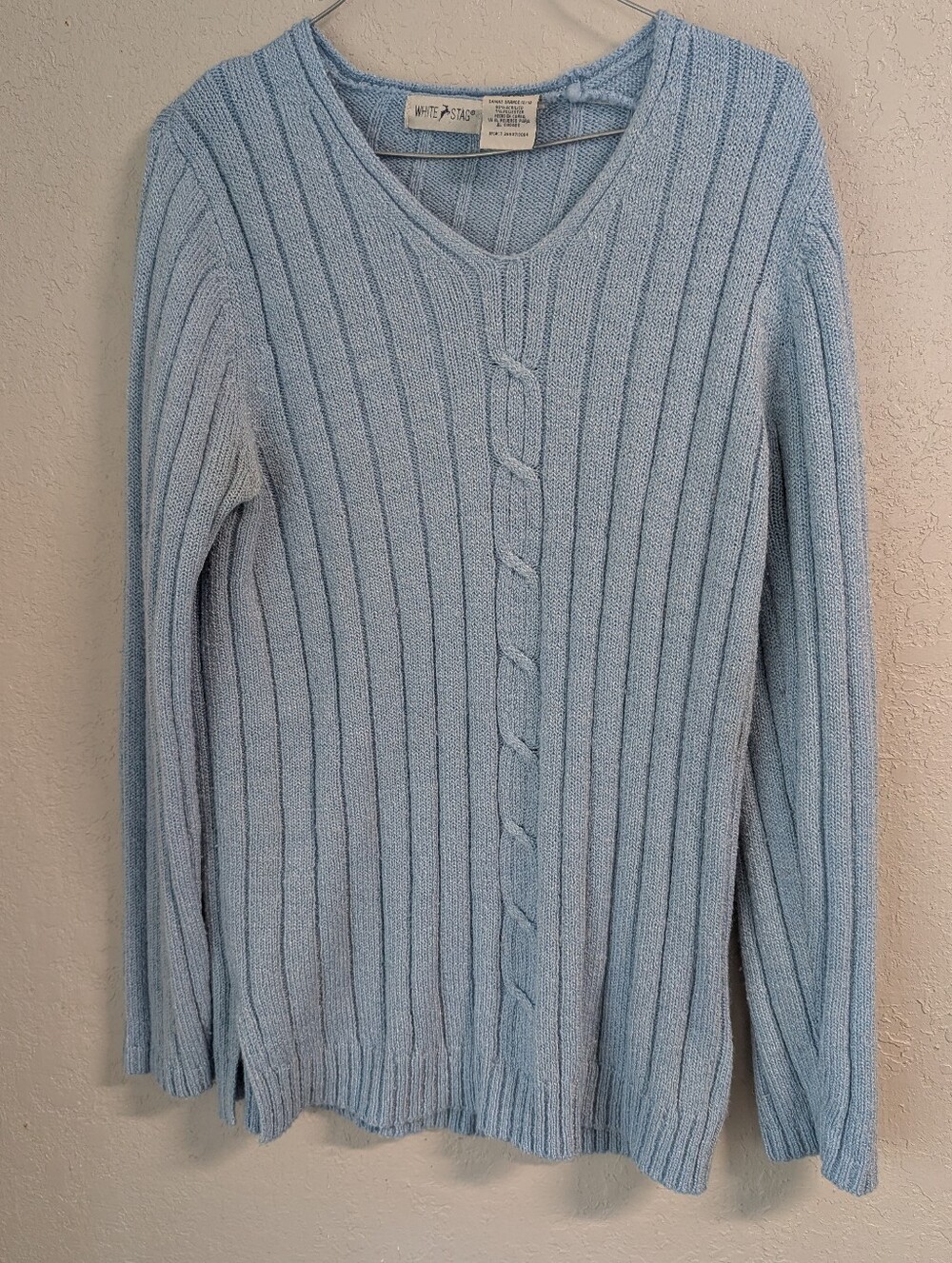 Ribbed Cable Knit V-Neck Sweater L Blue Fisherman Coastal Slouchy Lagenlook Boho
